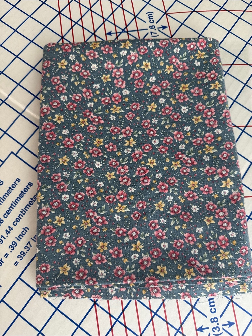 Vintage 1970s 80s Calico Floral Fabric 1 Yard x 42 Blue Red Mustard
